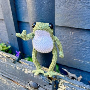 May include: A handmade crochet frog in shades of green and white, with large black eyes. The frog is posed with one arm raised, perched on a weathered wooden surface. The background features a blue-gray wall and a few small purple flowers.