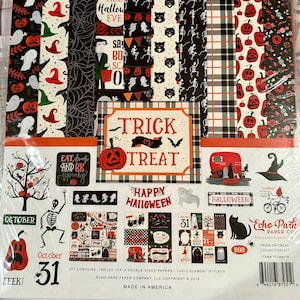 May include: A Halloween themed paper crafting kit with a black and white plaid background. The kit includes 12 double-sided papers, 1 element sticker, and a variety of Halloween themed images. The kit is made in America and includes the text "Trick or Treat" and "Happy Halloween".