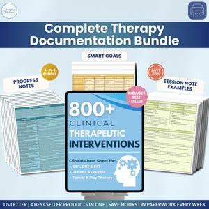 以下が含まれることがあります： セラピーのドキュメントテンプレートのバンドル。画像には、「800+ Clinical Therapeutic Interventions」と「Clinical Cheat Sheet for: CBT、DBT & SFT、Trauma & Couples、Family & Play Therapy」と書かれたタブレットが表示されています。また、進捗ノート、スマートゴール、セッションノートの例も含まれています。