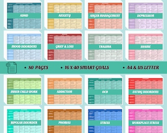 May include: A digital product with 640 SMART GOALS FOR 16 THERAPIES. The product is divided into 16 sections, each representing a different therapy. Each section has 40 SMART goals, totaling 640 goals. The product is available in PDF format and is 80 pages long. The product is available in A4 and US Letter sizes.