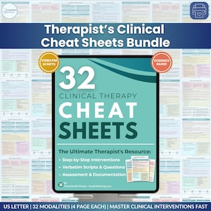 May include: A digital image of a bundle of 32 clinical therapy cheat sheets. The title "Therapist's Clinical Cheat Sheets Bundle" is displayed in large, bold text. The image includes the text "The Ultimate Therapist's Resource" and "Step-by-Step Interventions".