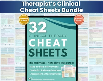 32 Clinical Therapy Cheat Sheets Bundle: Psychotherapy Interventions & Verbatim Scripts, Social Work Modalities Guide (PDF)