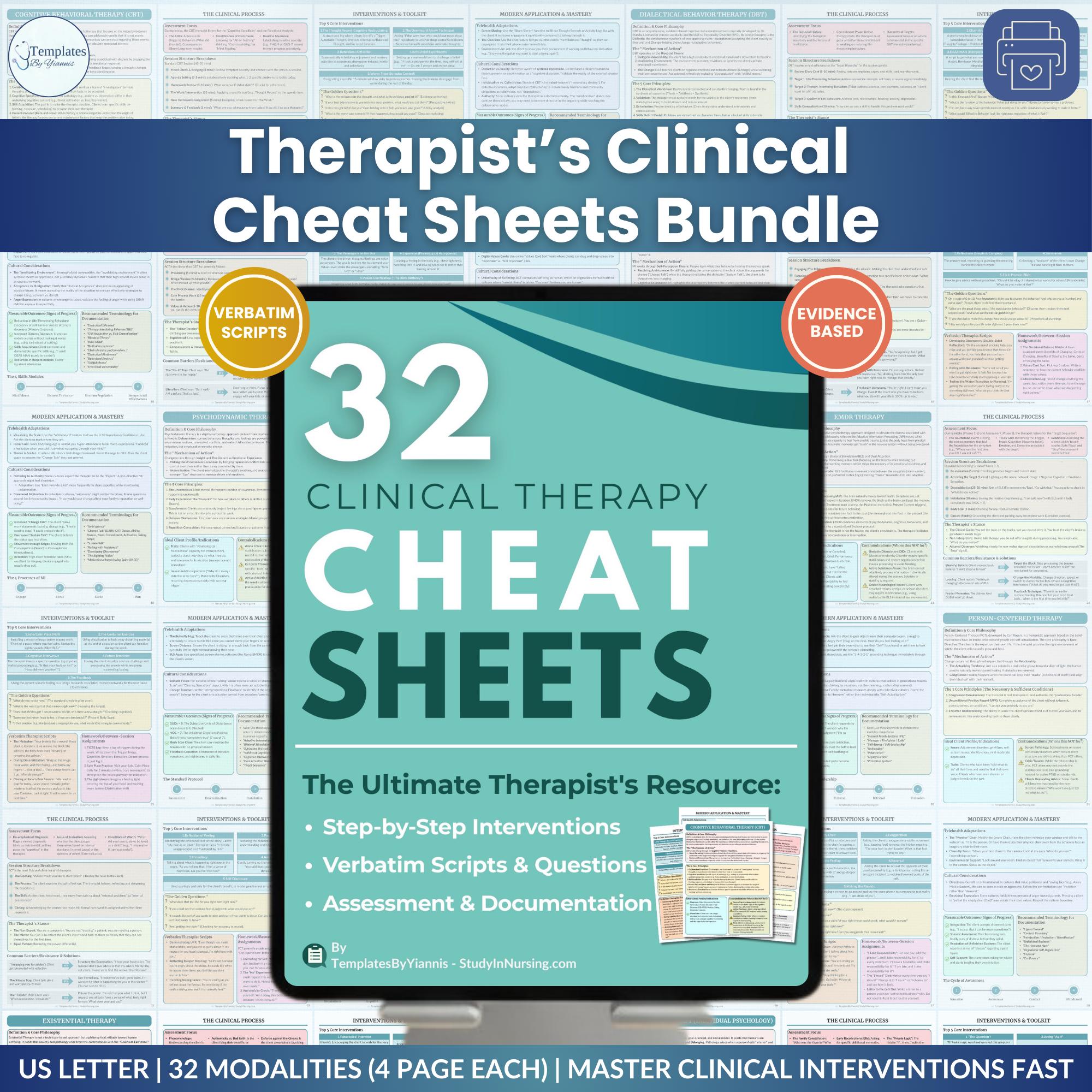 32 Clinical Therapy Cheat Sheets Bundle: Psychotherapy Interventions ...