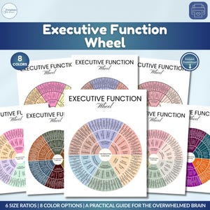 May include: A collection of printable "Executive Function Wheel" charts in various colors. The charts are circular, with text and color-coded sections. The text "Executive Function Wheel" is at the top. The image also includes the text "8 Colors" and "Instant Download".