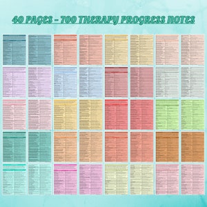 K&ouml;nnte beinhalten: Ein druckbarer Satz von 40 Seiten mit 700 Therapiefortschrittsnotizen. Die Seiten sind in verschiedenen Farben, darunter Blau, Gr&uuml;n, Gelb, Rosa und Rot. Der Text auf den Seiten ist schwarz.