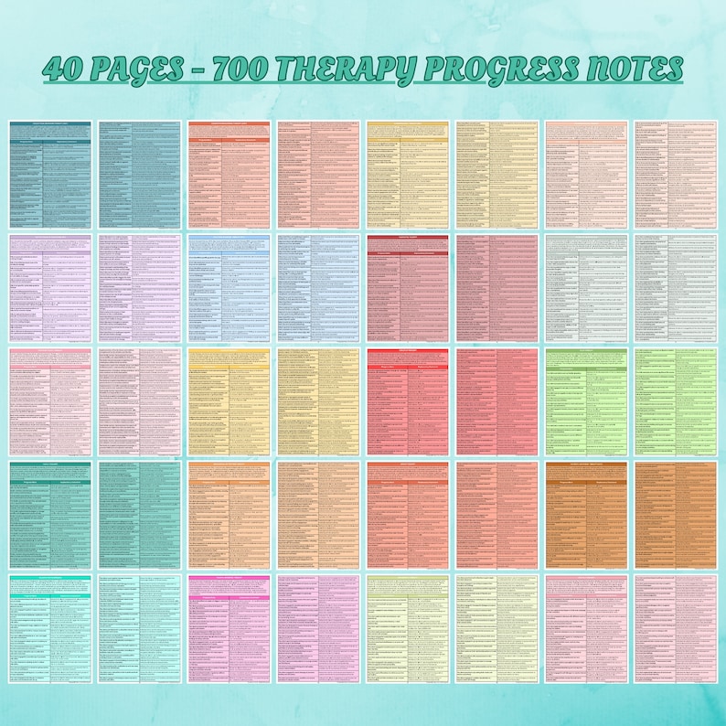 K&ouml;nnte beinhalten: Ein druckbarer Satz von 40 Seiten mit 700 Therapiefortschrittsnotizen. Die Seiten sind in verschiedenen Farben, darunter Blau, Gr&uuml;n, Gelb, Rosa und Rot. Der Text auf den Seiten ist schwarz.