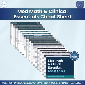 May include: A 17-page Med Math & Clinical Essentials Cheat Sheet in PDF format. The document features dark blue and white tables with text covering dosage calculations, electrolytes, IV fluids, and toxicology for medical reference.