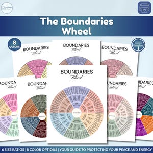 Op de afbeelding: Een presentatie van acht "Boundaries Wheel" prints in verschillende kleuren. Elk wiel heeft een cirkelvormig ontwerp met tekst, dat begeleiding biedt bij het beschermen van vrede en energie. De prints zijn verkrijgbaar in zes formaten.
