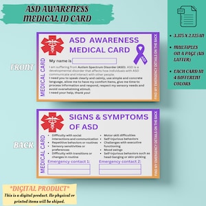 Carta d'identità medica di emergenza per la consapevolezza dell'autismo/Carta d'identità sanitaria/Id disturbo dello spettro autistico/Supporto ASD/Disabilità nascosta/Sicurezza dell'autismo