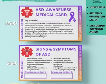 Peut inclure: Une carte d'identité médicale imprimable pour les personnes atteintes du trouble du spectre autistique (TSA). La carte est rose et bleue avec un symbole médical et le texte "Carte d'identité médicale de sensibilisation au TSA". Le dos de la carte énumère les signes et symptômes du TSA et comprend un espace pour les coordonnées d'urgence.