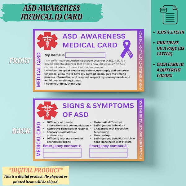 Autism Awareness Emergency Medical ID Card | Health ID Card | Autism Spectrum Disorder Id | ASD Support | Hidden Disability | Autism Safety