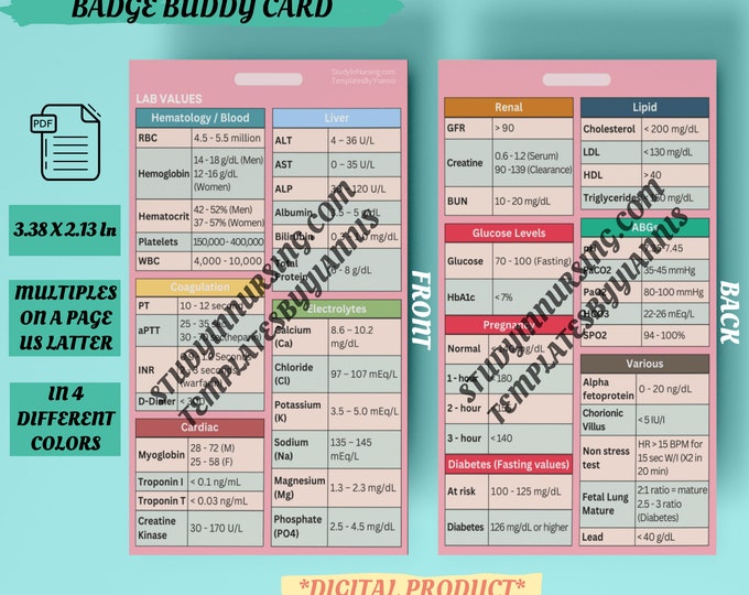 Laboratory Values Badge Card Reference Horizontal for Nurse Medic EMT