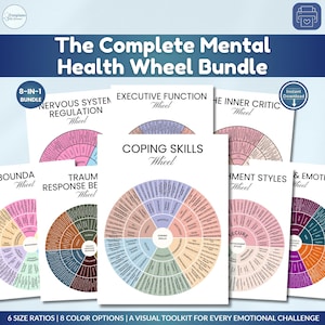 Op de afbeelding: Een bundel mentale gezondheidswielkaarten met titels als "Coping Skills Wheel" en "Nervous System Regulation Wheel". De kaarten zijn kleurrijk, met tekst en diagrammen. De bundel bevat 8-in-1 opties en is een visuele toolkit voor emotionele uitdagingen.