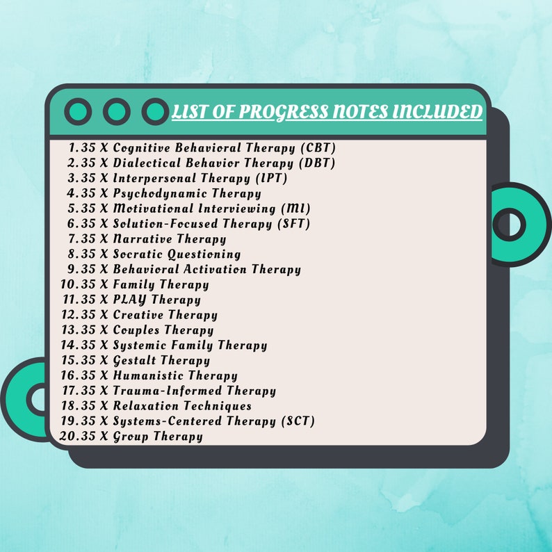 K&ouml;nnte beinhalten: Eine Liste von 20 verschiedenen Therapieformen, jede mit einer Nummer und einer kurzen Beschreibung. Die Liste umfasst die Kognitive Verhaltenstherapie (KVT), die Dialektisch-Behaviorale Therapie (DBT), die Interpersonelle Therapie (IPT), die Psychodynamische Therapie, die Motivierende Gespr&auml;chsf&uuml;hrung (MI), die L&ouml;sungsorientierte Therapie (LOT), die Narrative Therapie, das Sokratische Fragen, die Verhaltensaktivierende Therapie, die Familientherapie, die Spieltherapie, die Kreative Therapie, die Paartherapie, die Systemische Familientherapie, die Gestalttherapie, die Humanistische Therapie, die Trauma-Informierte Therapie, Entspannungstechniken, die Systemisch-Zentrierte Therapie (SZT) und die Gruppentherapie.