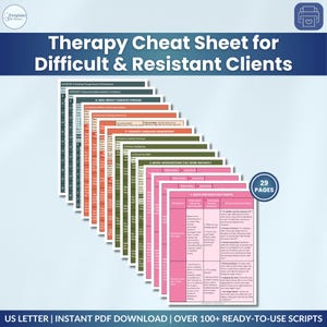 May include: A 29-page therapy cheat sheet for difficult and resistant clients, featuring a stack of colour-coded documents with text headers like High-Impact Therapist Phrases and Quick Response Cheat Sheets, presented as a digital PDF download.