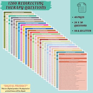 May include: A digital product download of 48 pages of therapy questions. The pages are colour-coded and organised into categories. The title of the product is "1200 Redirecting Therapy Questions".