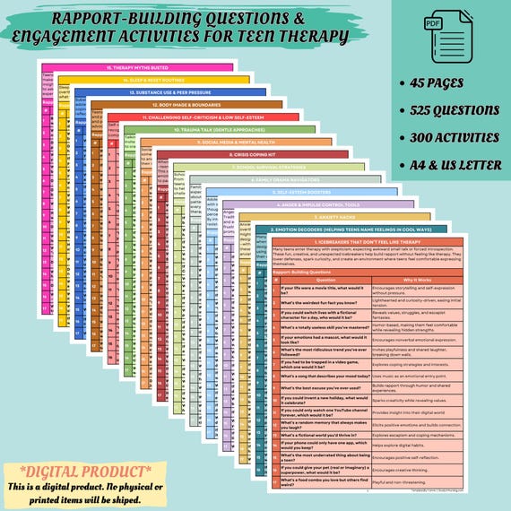 Teen Therapy Rapport Building Questions: Icebreakers & Engagement Activities for Adolescents, School Counselor Toolkit (PDF)