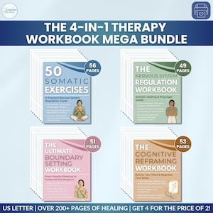 Puede incluir: El 4-in-1 Therapy Workbook Mega Bundle incluye cuatro libros de trabajo digitales: 50 Somatic Exercises, The Nervous System Regulation Workbook, The Ultimate Boundary Setting Workbook y The Cognitive Reframing Workbook, con 56, 49, 51 y 53 páginas.
