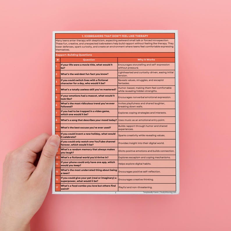 May include: A pink and white printable card with a list of icebreaker questions and why they work. The questions are designed to help build rapport and spark conversation without feeling like therapy.