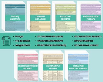 May include: A digital guidebook for therapists, with a pink, blue, and yellow color scheme. The guidebook includes 77 pages of therapy questions, therapist one-liners, reflection prompts, metaphors for therapy, crisis intervention prompts, case example phrases, and extras for effective sessions.