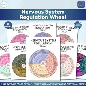 May include: A display of eight Nervous System Regulation Wheel charts in various colours. Each chart has a circular design with text and colour-coded segments. The charts are available in 8 colours and 6 sizes, designed to help navigate emotional states.