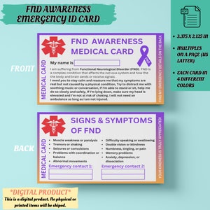 Tarjeta de identificación médica de emergencia de concientización sobre FND / Tarjeta de identificación de salud / Trastorno neurológico funcional / Tarjeta de alerta de discapacidad / Identificación de alerta médica