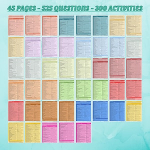May include: A colorful chart with 45 pages, 525 questions, and 300 activities. The chart is divided into a grid of 6 rows and 8 columns. Each square in the grid is a different color, and each square contains text.