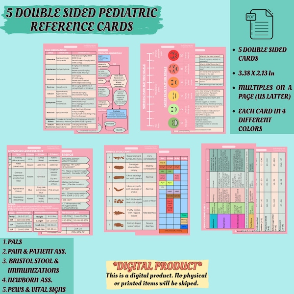 Lot de badges pédiatriques | Cartes de référence du personnel infirmier d'urgence | PNR, signes vitaux pédiatriques, PALS, PEWS, selles de Bristol, vaccinations