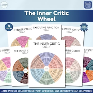 May include: A collection of "The Inner Critic Wheel" charts in various colors. The charts are circular, with text describing aspects of self-criticism. The image includes the text "8 Colors", "6 Size Ratios", and "Your Guide From Self-Criticism to Self-Compassion".
