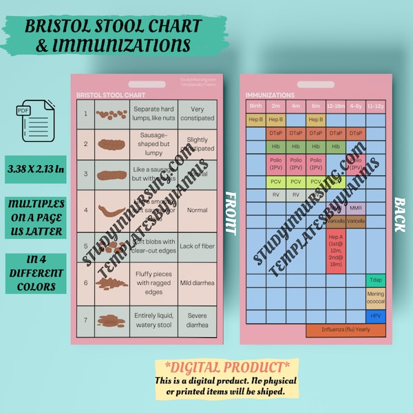 Bristol Stool Chart & Immunizations Reference Card | Pediatric Nurse Pocket Guide | Nursing Student Resource | GI Health | Vaccine Schedule