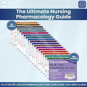 May include: The Ultimate Nursing Pharmacology Guide is a digital document set featuring 163 pages and 240+ drug classes. It includes color-coded charts for drug categories, dosage calculations, IV fluids, and antidotes in a US letter PDF format.