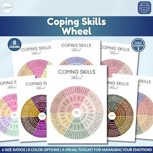 以下が含まれることがあります： さまざまな色の「Coping Skills Wheel」チャートのコレクション。各ホイールは、対処戦略が記載された円形の図です。「Coping Skills Wheel」というテキストが上部にあります。画像には「8 Colors」と「Instant Download」というテキストが含まれています。