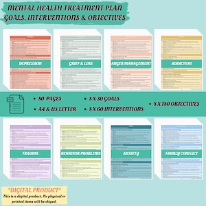 THERAPY GOALS & INTERVENTIONS Guidebook Mental Health Treatment Plan Therapy Notes Cheat Sheet Psychotherapy Goals Counseling Objectives