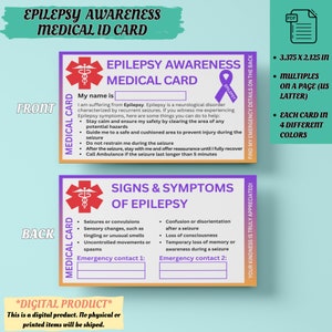 Tarjeta de identificación médica de emergencia para concientización sobre la epilepsia / Tarjeta de identificación de salud / Identificación para concientización sobre convulsiones / Apoyo para la epilepsia / Discapacidad oculta / Seguridad en caso de convulsiones