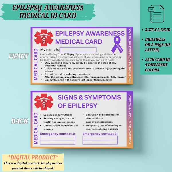 Epilepsy Awareness Emergency Medical ID Card | Health ID Card | Seizure Awareness ID | Epilepsy Support | Hidden Disability | Seizure Safety