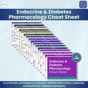 May include: A 21-page Endocrine & Diabetes Pharmacology Cheat Sheet in PDF format. The document features organized tables with headers including Antidiabetics, Insulins, Thyroid Medications, Hormonal Contraceptives, and Disease Comparisons.