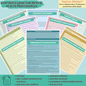 May include: A guide for mental health professionals with the title "SOAP Notes Guide". The image includes example sentences, checklists, and templates. The digital product includes 110 pages, 1600+ example sentences, and a glossary.