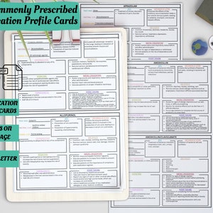 May include: A set of 60 printable medication profile cards, featuring a white background with pink, blue, and green text. The cards are designed to help healthcare professionals learn about common medications. The cards are available in both A4 and US Letter sizes.