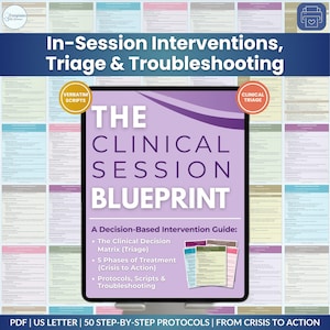 May include: A digital document titled "The Clinical Session Blueprint" with the text "In-Session Interventions, Triage & Troubleshooting." The document includes sections on clinical decision matrix, phases of treatment, and protocols.