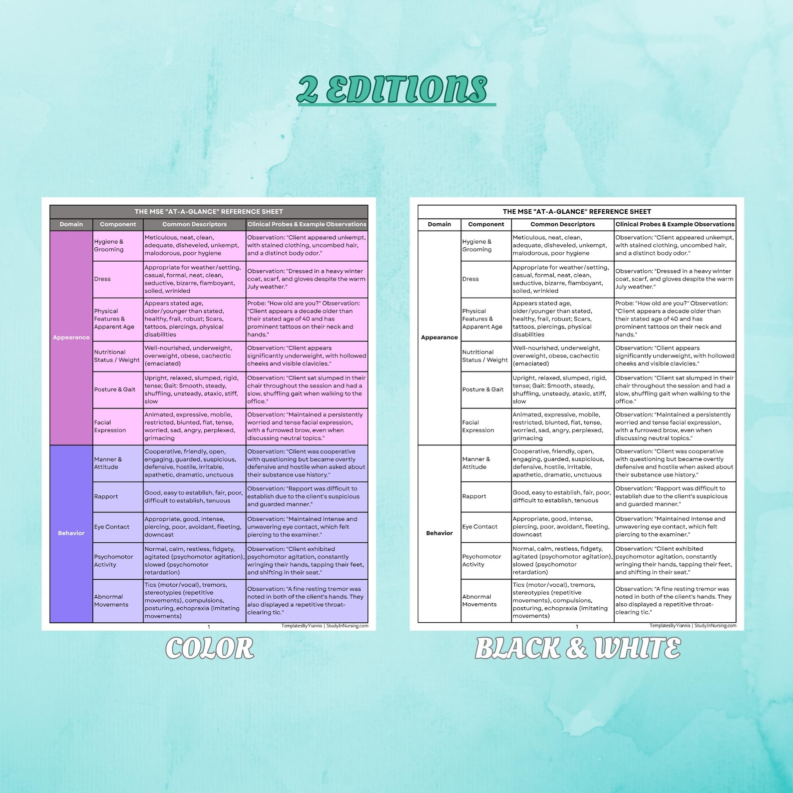 Mse Types Example Mental Status Exam Reference Guide: MSE Cheat Sheet and Templates With ...