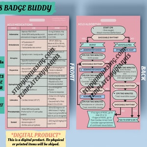 Badge di riferimento rapido ACLS Buddy / Algoritmo e farmaci ACLS / Scheda di supporto vitale cardiaco avanzato / Infermiere di terapia intensiva / Infermiere di pronto soccorso
