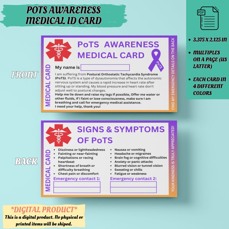 Pots Awareness Emergency Medical ID Card Health ID Card Postural