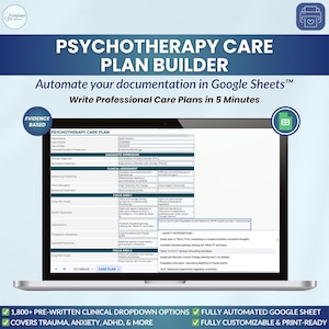 Könnte beinhalten: Ein Laptop-Bildschirm zeigt eine Vorlage für einen Psychotherapie-Behandlungsplan. Der Bildschirm zeigt ein Formular mit Abschnitten für Klienteninformationen, diagnostische Eindrücke und klinische Bewertungen. Der Text enthält "Psychotherapy Care Plan Builder".