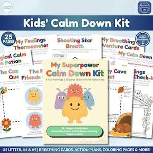 Könnte beinhalten: Ein farbenfrohes "Kids' Calm Down Kit" mit 25 Seiten voller Aktivitäten, darunter Atemkarten, Aktionspläne und Malvorlagen. Das Kit zeigt Illustrationen von freundlichen Monstern und Entspannungsübungen. Der Text enthält "My Superpower Calm Down Kit".