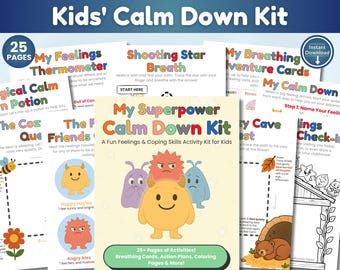 Kit de herramientas para la calma infantil, cuaderno de regulación emocional, ejercicios de respiración para niños, tabla de sentimientos, tarjetas de habilidades de afrontamiento, hojas de trabajo para el TDAH