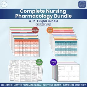 Pode incluir: Um pacote completo de materiais de estudo de farmacologia para enfermagem. A imagem mostra guias de estudo, cartões de medicamentos e modelos. O texto inclui "Complete Nursing Pharmacology Bundle" e "4-in-1 Super Bundle". Cores: azul, laranja e verde.
