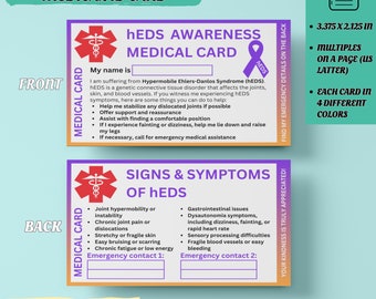 May include: A printable medical ID card for people with Hypermobile Ehlers-Danlos Syndrome (hEDS). The card is pink and purple with a medical symbol and a ribbon. The front of the card has the text "HEDS AWARENESS MEDICAL CARD" and the back of the card has the text "SIGNS & SYMPTOMS OF HEDS".