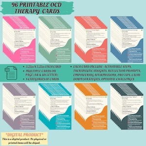 Op de afbeelding: Een digitaal product met 96 printbare OCD-therapiekaarten. Elke kaart meet 8,26 x 13,34 cm en bevat actie stappen, reflectie prompts en affirmaties. De kaarten zijn georganiseerd in 8 categorieën.