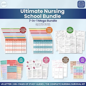 May include: Ultimate Nursing School Bundle with 7-in-1 study guides. Includes Psychopharmacology, Pharm Study, Medication Cards, Lab Values, Nursing Care Plans, Nursing School Templates, and EKG Cheat Sheet. Save 60%. US Letter size, over 100 pages.