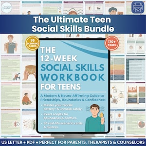 Könnte beinhalten: Ein digitales Arbeitsbuch mit dem Titel "The 12-Week Social Skills Workbook for Teens" wird auf einem Tablet angezeigt. Das Arbeitsbuch ist von verschiedenen Seiten und Karten umgeben. Der Text enthält "96 Scenario Cards" und "170+ Pages". Das Bundle ist für Eltern, Therapeuten und Berater.
